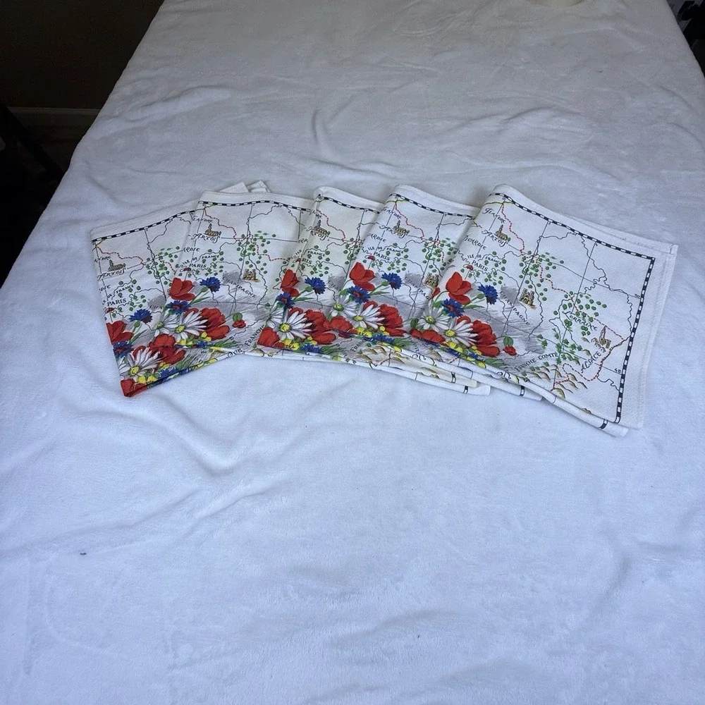 Vintage Vony France Tea Towels Set of 5 Floral Map Kitchen Linens MCM Decor